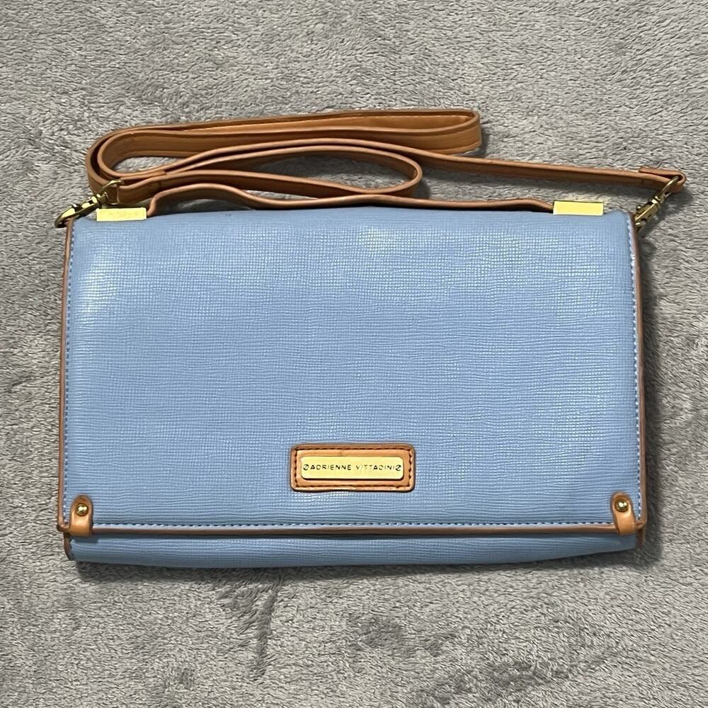 Adrienne Vittadini Purse Blue Clutch Pink Interior Organizer Pockets Handbag
